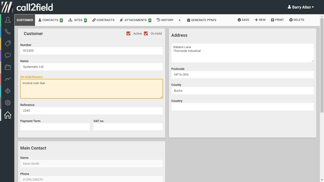 Screenshot of RedZebra software, the customer module
